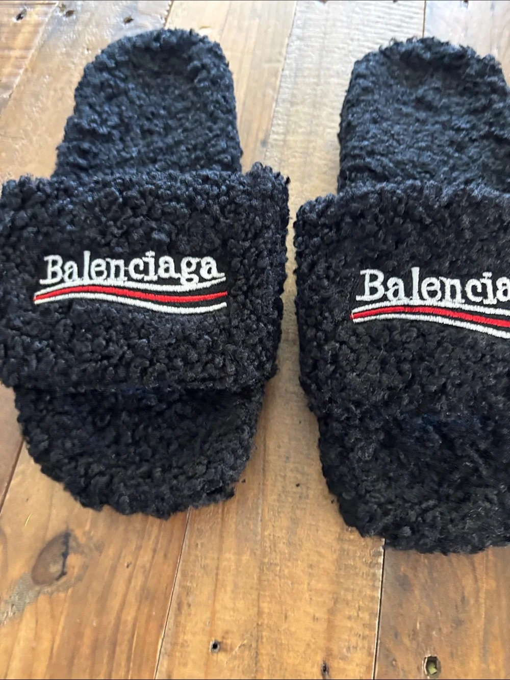 Balenciaga Men’s  Black Sherpa Logo Slide Slippers